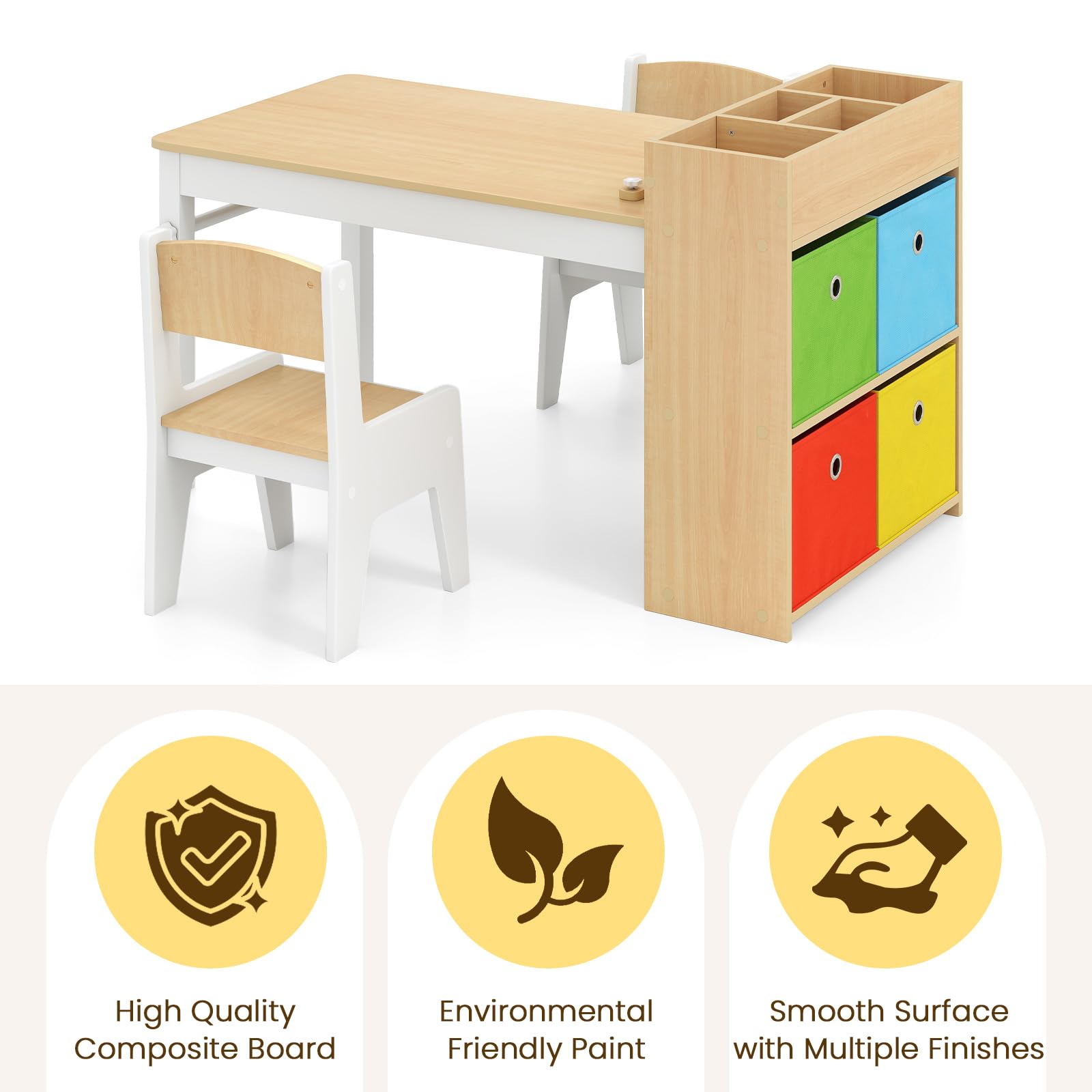 INFANS Kids Table and Chair Set, Toddler Art Craft Play Wood Activity Desk with 2 Chairs