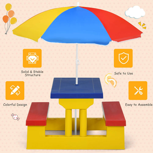 Kids Picnic Table Set, Table Bench Set for Toddlers w/Removable Umbrella