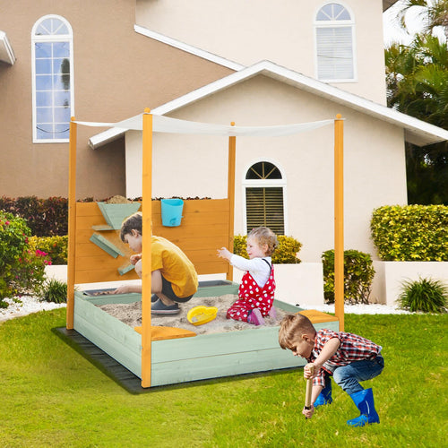 Kids Sandbox with Sand Wall, Wooden Sandpit for 3-8 Years w/Removable Canopy