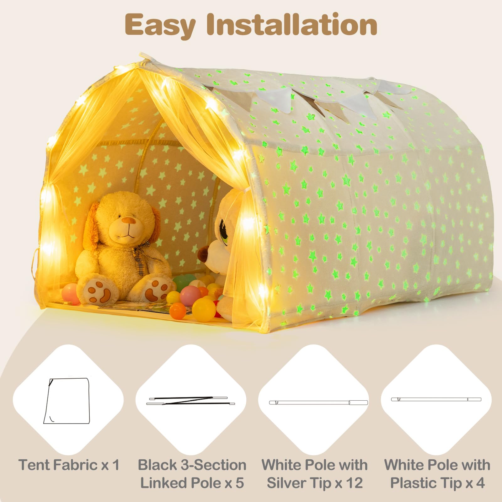 INFANS Kids Bed Tent with Glow in The Dark, Portable Children Playhouse Privacy Space Twin with Mat