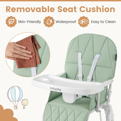 Foldable High Chair Easy Clean Compact Highchair with Removable Adjustable Tray and PU Seat Cushion