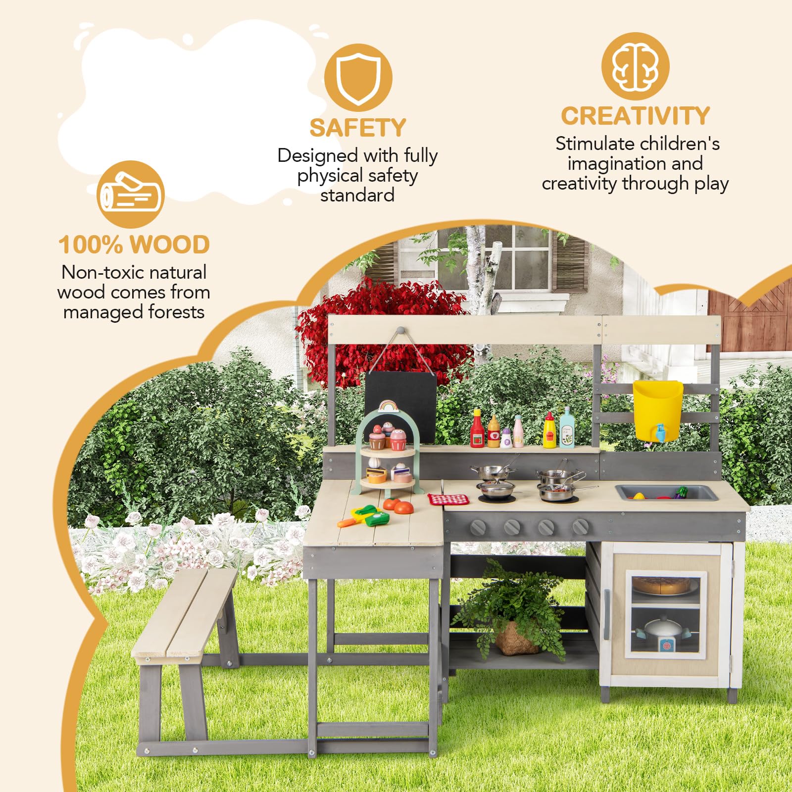 Outdoor Play Kitchen with Faucet Chalkboard Stoves Removable Sink Cooking Accessories