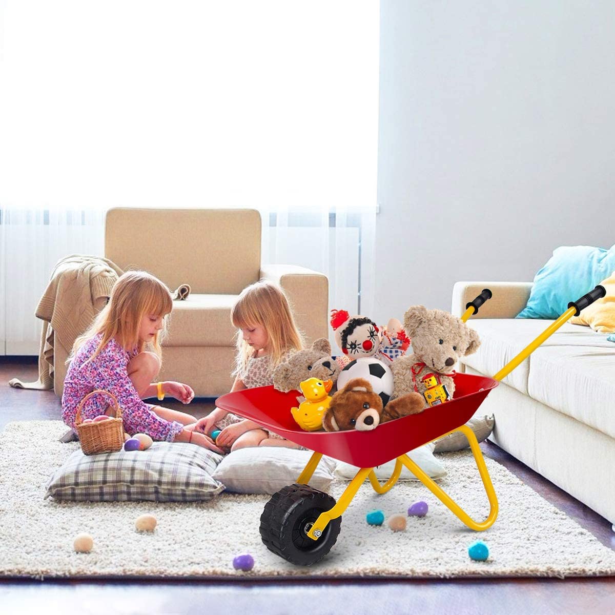 Kids Wheelbarrow, Children Steel Garden Wheelbarrow w/Non-Slip Handle, Wearable Wheels