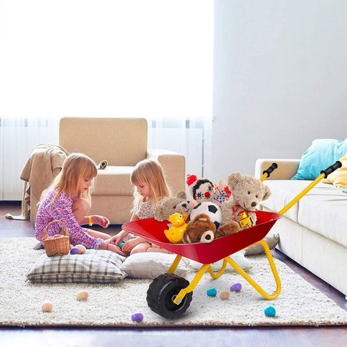 Kids Wheelbarrow, Children Steel Garden Wheelbarrow w/Non-Slip Handle, Wearable Wheels