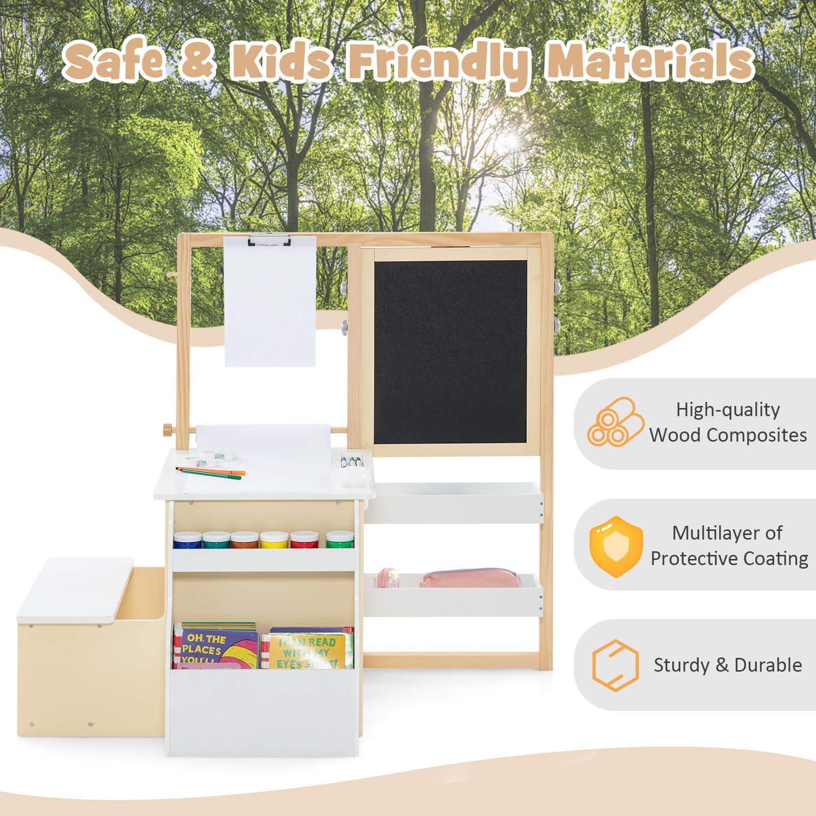 INFANS 3 in 1 Kids Art Table and Chair Set, Toddler Craft and Play Wood Activity Desk