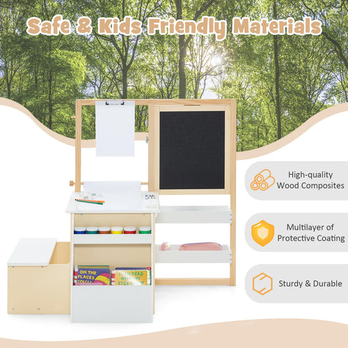3 in 1 Kids Art Table and Chair Set, Toddler Craft and Play Wooden Activity Desk with Double-Sided Easel