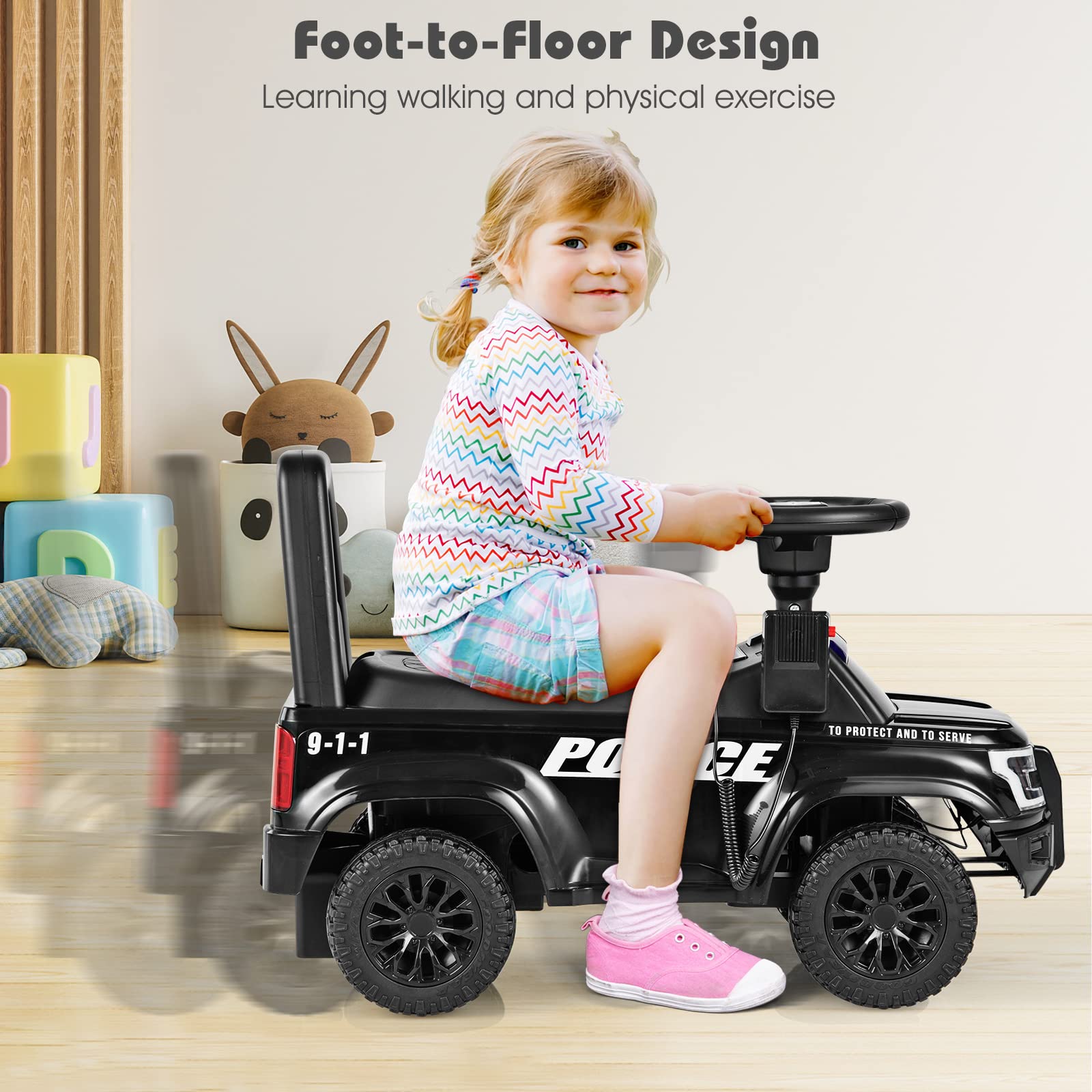 Ride On Push Police Car, Toddler Foot-to-Floor Sliding Toy with Siren