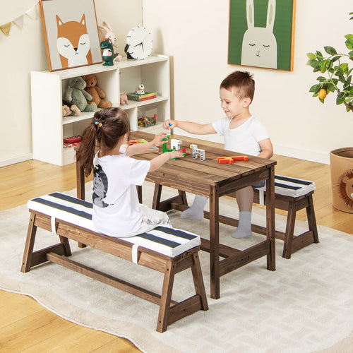 Kids Picnic Table Bench Set, Wooden Kids Outdoor Furniture with Umbrella, Sponge Cushions