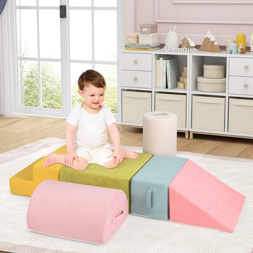 INFANS 6pc Kids Climb and Crawl Soft Foam Block Activity Structure Play Set with Chenille Fabric, 30D High-Density Foam