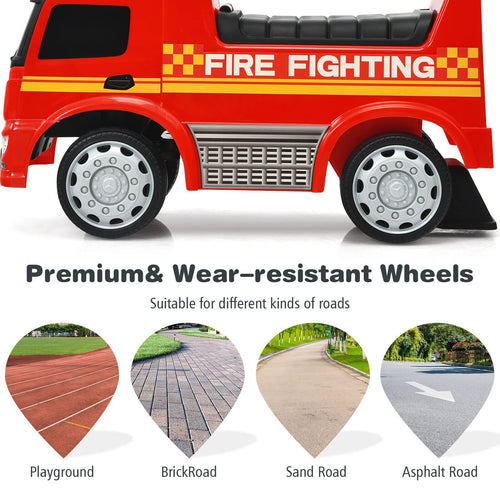 Kids Ride On Car, Benz Licensed Fire Engine w/Storage Space, Steering Wheel, Backrest, Red