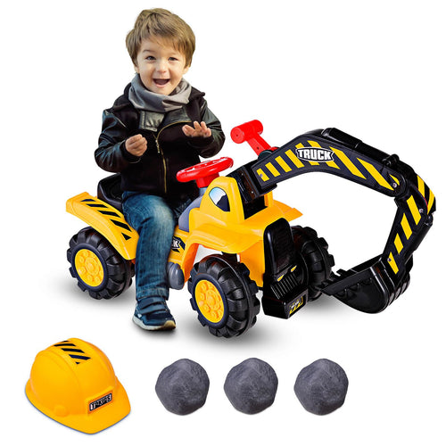 Kids Ride On Excavator, Outdoor Digger Scooper Pulling Cart W/Safety Helmet Horn Underneath Storage