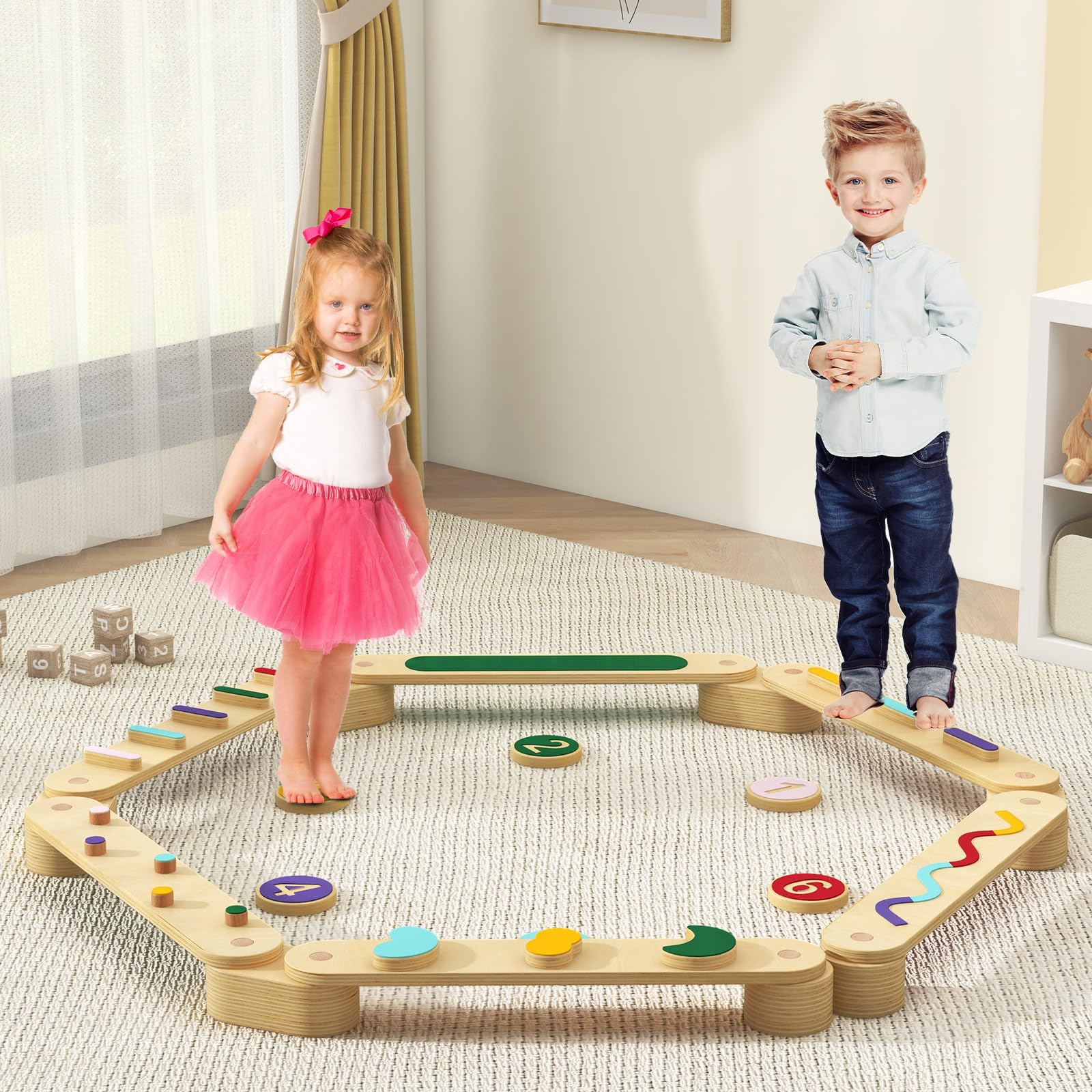 Kids Balance Beam Stepping Stones Set, 20 PCS Montessori Obstacle Course for Toddler Indoor Outdoor