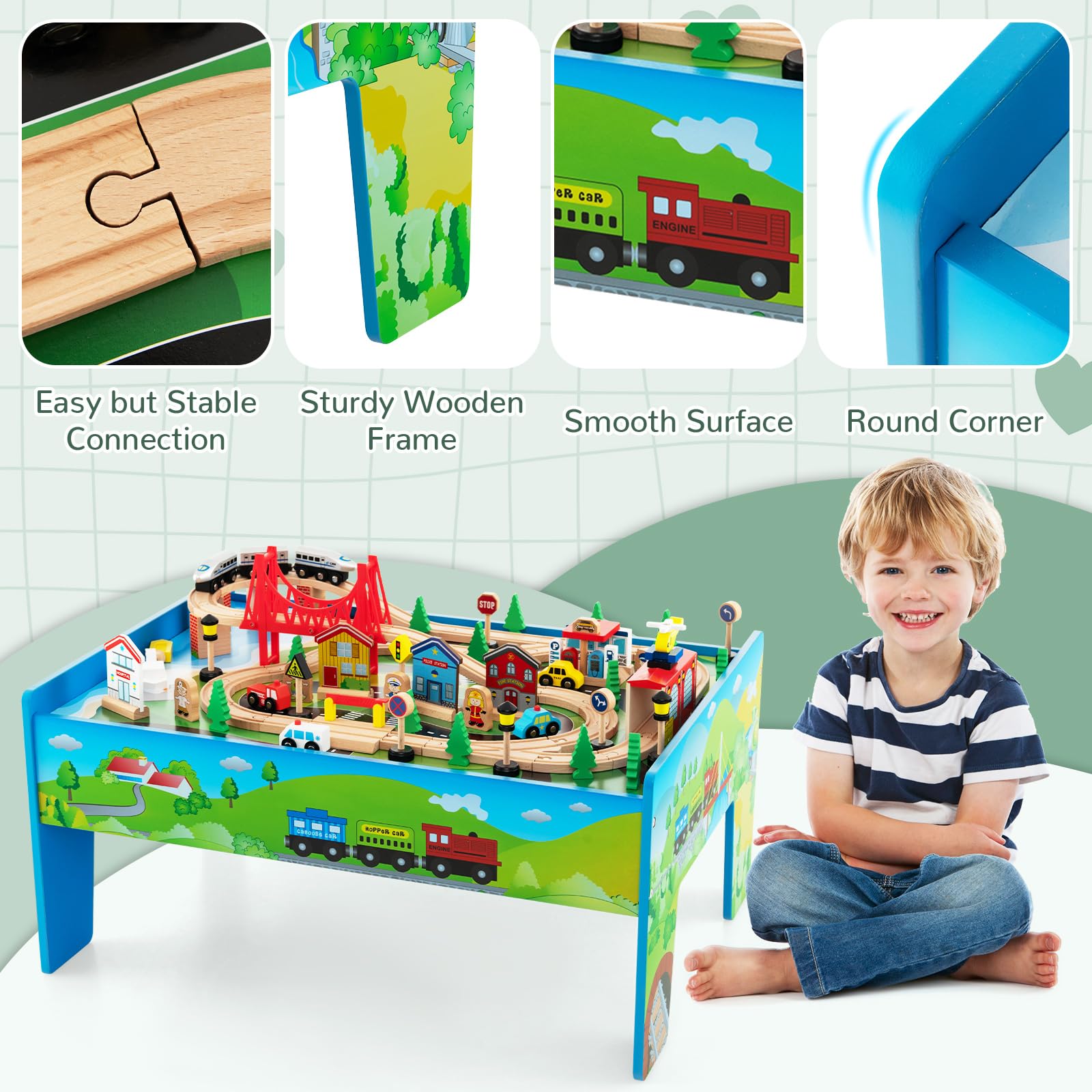 INFANS Train Table, 84 Pieces Wooden Kids Activity Toy Table Playset