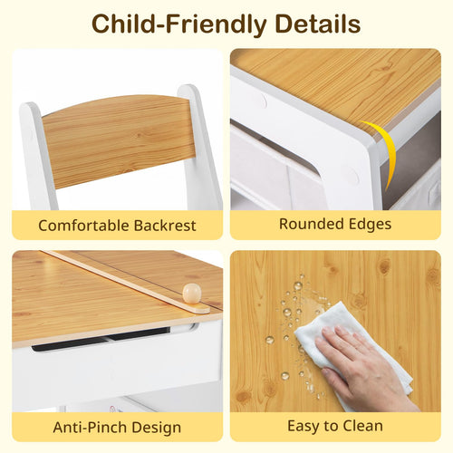 Toddler Art Craft Play Wood Activity Desk with 2 Chairs 4 Storage Canvas Bins Paper Roll for Writing Drawing