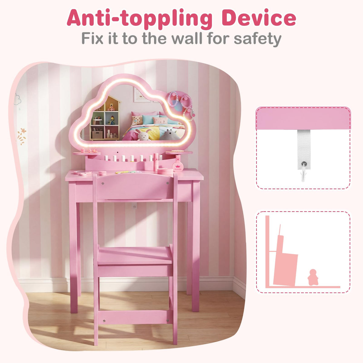 Kids Vanity with Lights, Princess Makeup Dressing Desk