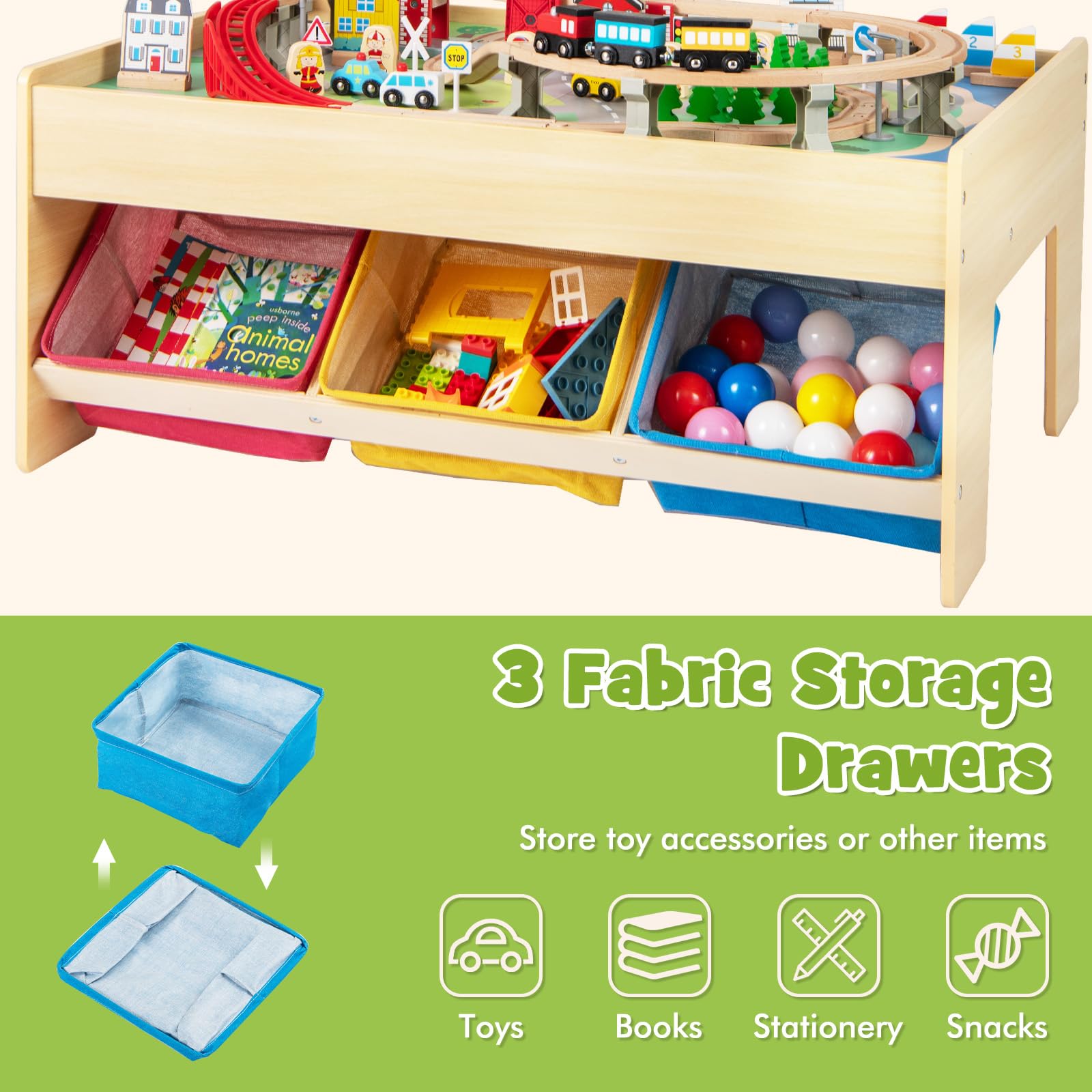 Train Table, 84 Pieces Wooden Kids Activity Toy Table Playset with Reversible Detachable Tabletop