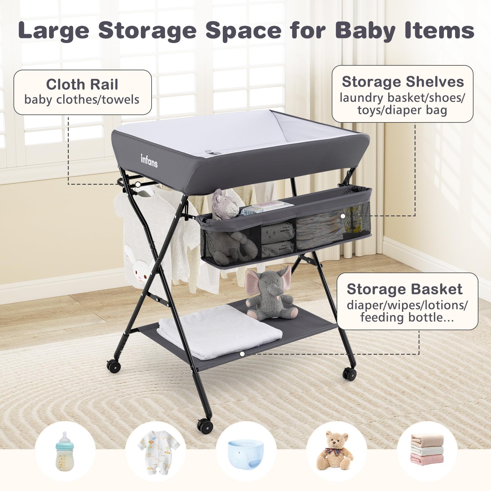 INFANS Baby Changing Table with Wheels Portable Folding Diaper Station Nursery Organizer with Storage Basket