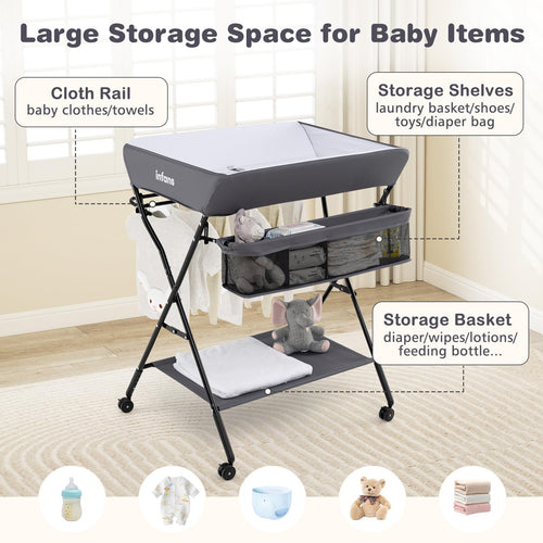 INFANS Baby Changing Table with Wheels Portable Folding Diaper Station Nursery Organizer with Storage Basket