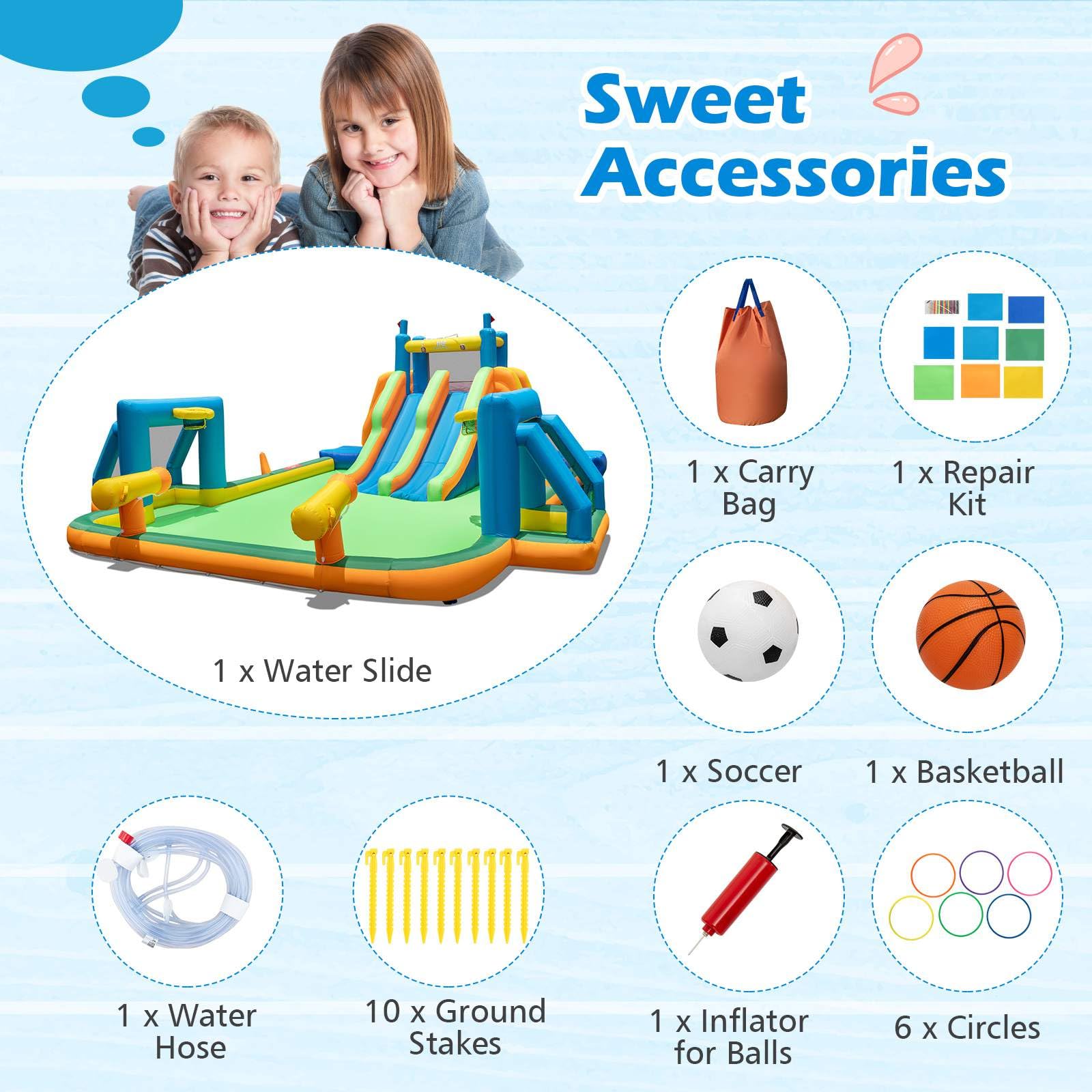 Inflatable Water Slide, Kids Blow up Water Park w/2 Long Slides, Climbing Walls, Splash Pool
