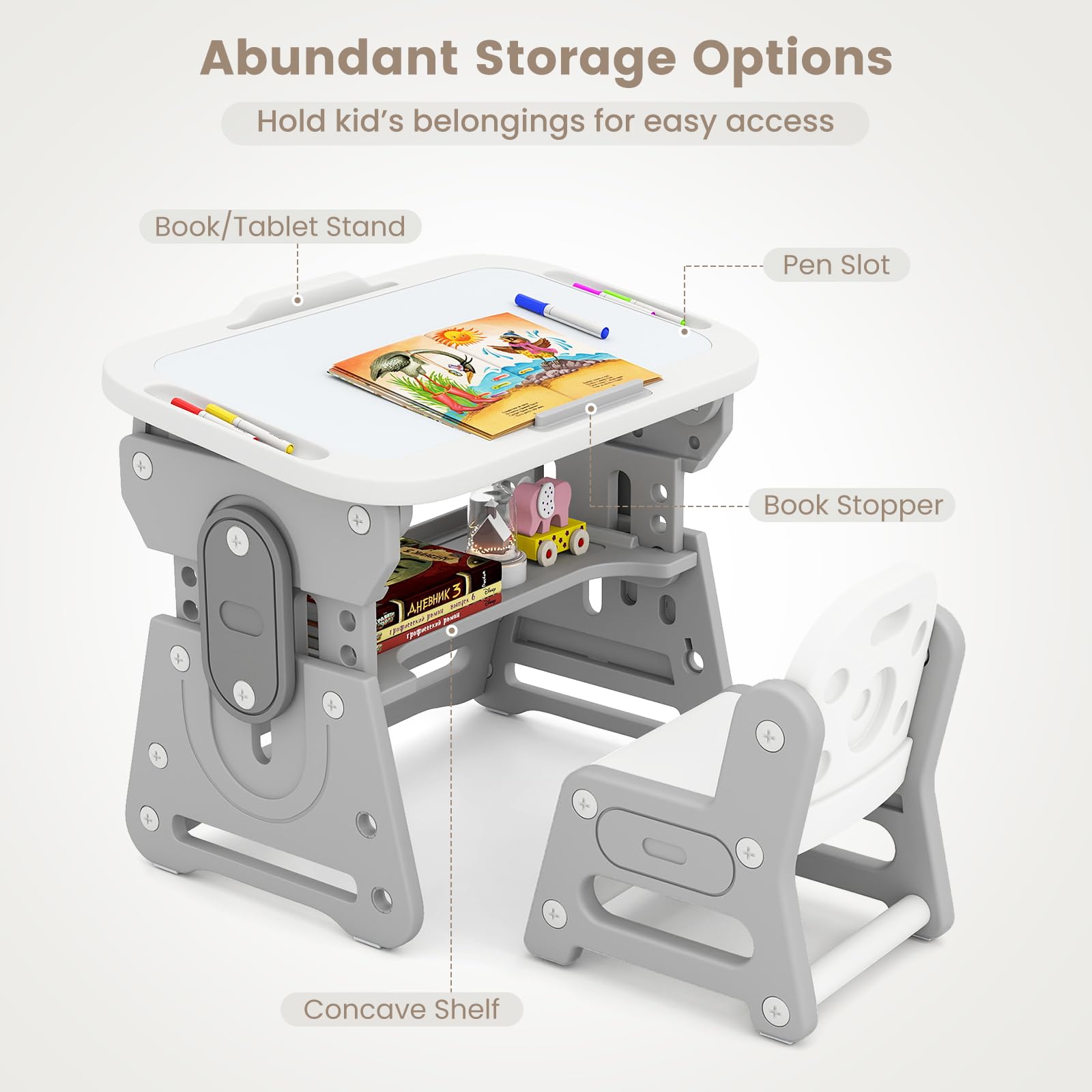 INFANS Kids Adjustable Table & Chair Set with Drawing Board for 3+