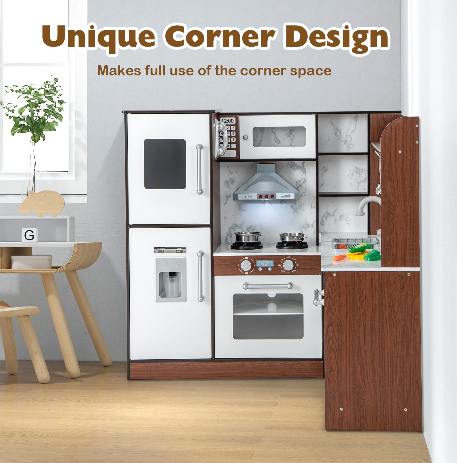 Wooden Corner Play Kitchen with Lights and Sounds