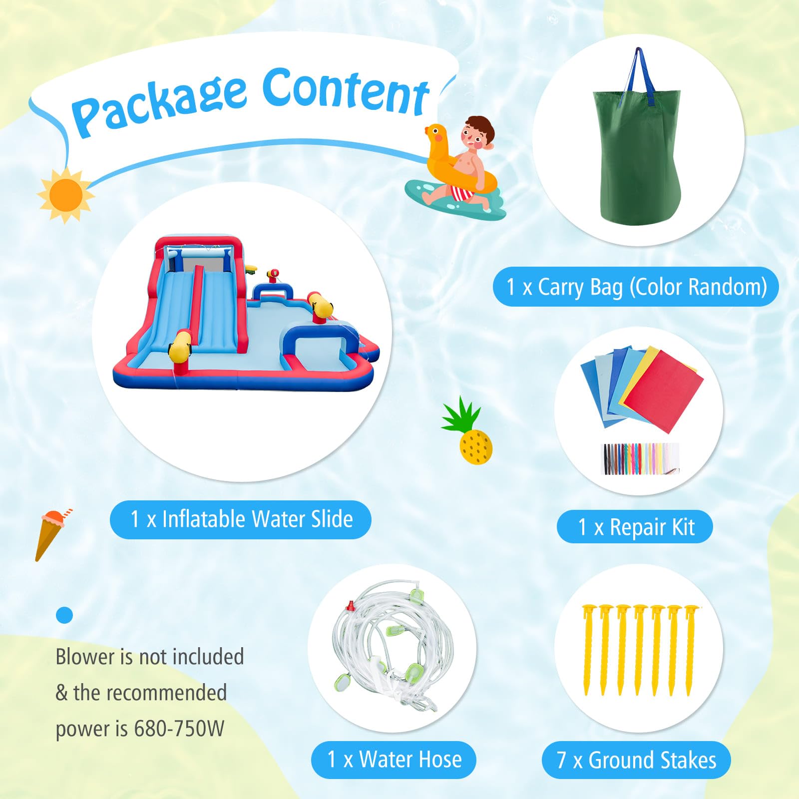 Water Slide Park, 5-in-1 Inflatable Jumping House w/Dual Slides, Climbing Wall, Splash Pool