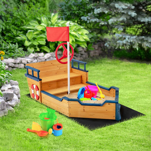 Wooden Kids Sandbox Outdoor Play Sandpit Toy w/2-in-1 Storage Benches