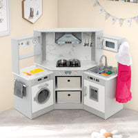 INFANS Corner Kids Kitchen Playset with Real Running Water Circulation Realistic Light Sound Stove Storage Cabinet