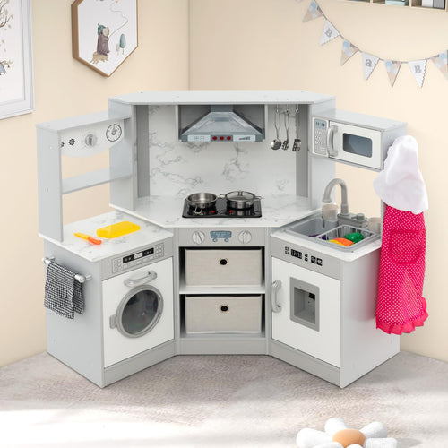 INFANS Corner Kids Kitchen Playset with Real Running Water Circulation Realistic Light Sound Stove Storage Cabinet