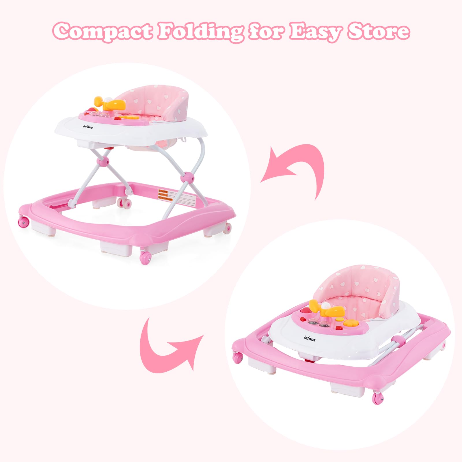 Foldable Baby Walker, 3 in 1 Toddler Walker Leaning-Seated Walk-Behind with Removable Music Tray