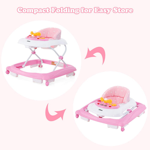 Foldable Baby Walker, 3 in 1 Toddler Walker Leaning-Seated Walk-Behind with Removable Music Tray