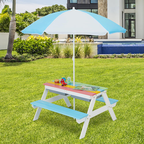 Kids Picnic Table, 3-in-1 Wooden Table & Bench Set w/Removable & Foldable Umbrella for Backyard, Garden