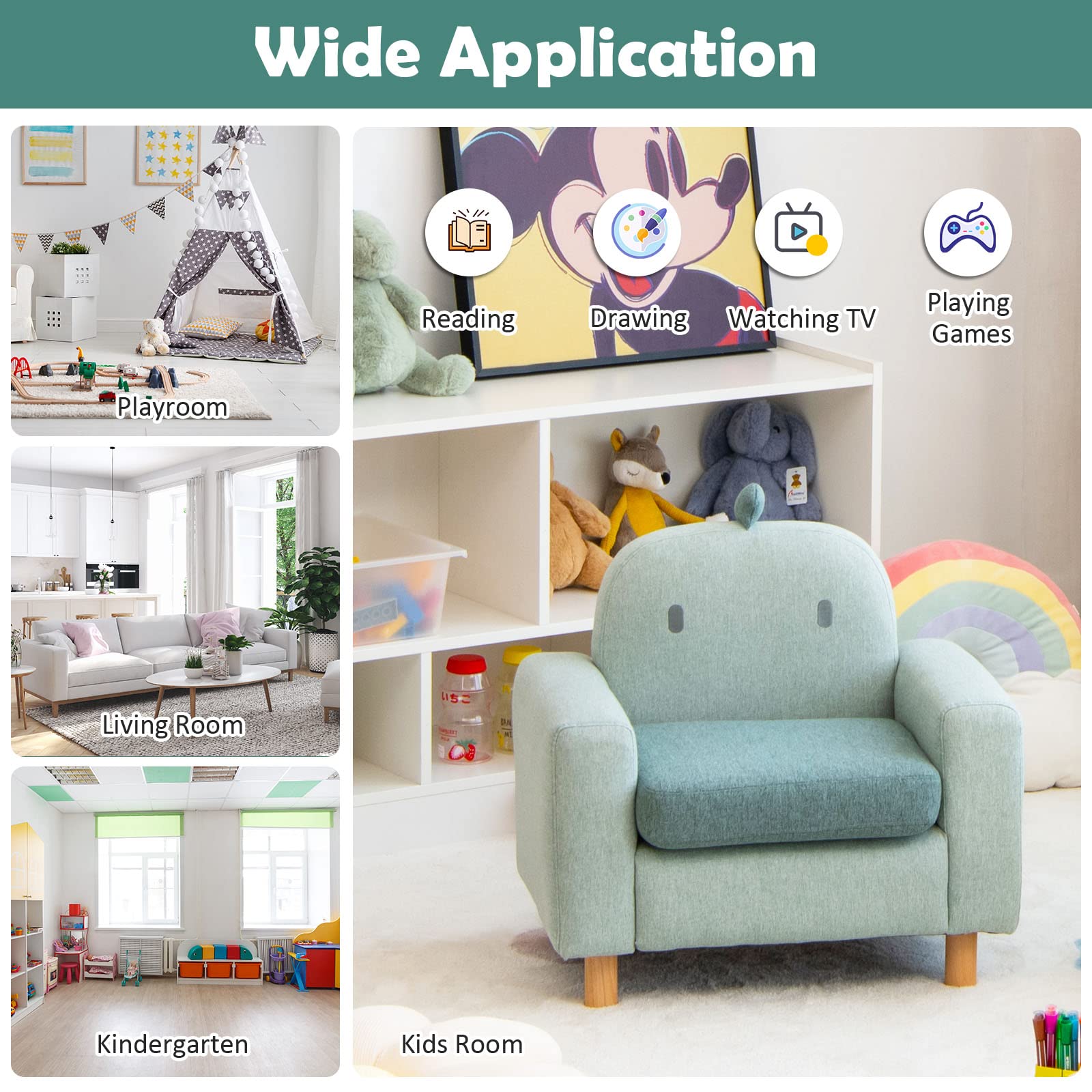 Kids Sofa Wooden Armrest Chair Couch with Thick Cushion Beech Legs