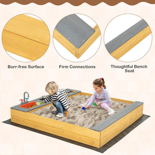 Wooden Sandbox, Kids Sand Pit with Kitchen Playset Accessories and Built-in Bench Seat