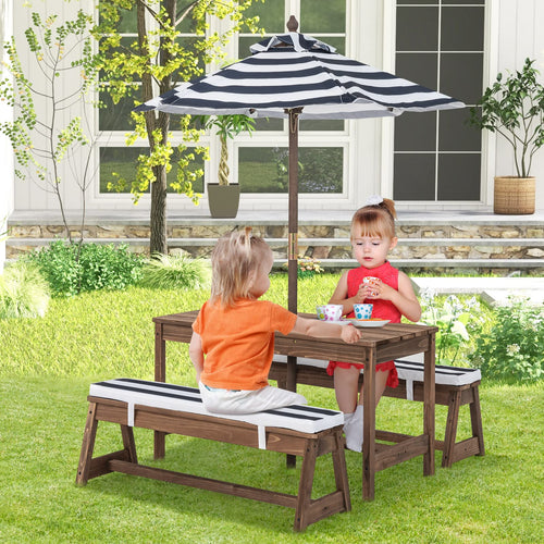 Kids Picnic Table Bench Set, Wooden Kids Outdoor Furniture with Umbrella, Sponge Cushions