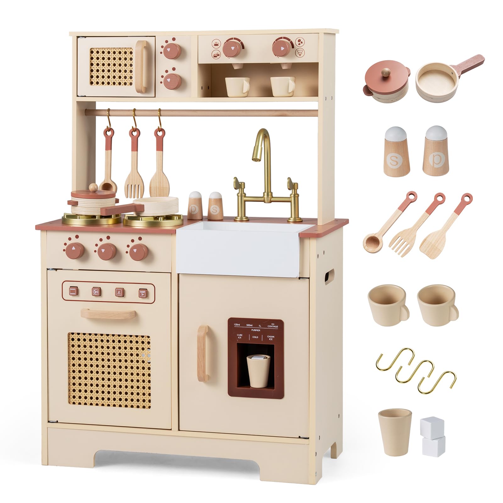 Play Kitchen, Wooden Kids Cooking Toy with Realistic Lights Sounds