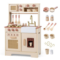 Play Kitchen, Wooden Kids Cooking Toy with Realistic Lights Sounds