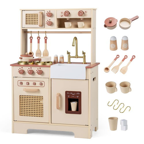 Play Kitchen, Wooden Kids Cooking Toy with Realistic Lights Sounds