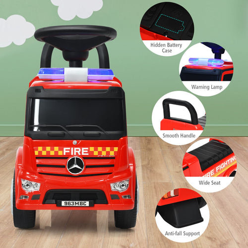 Kids Ride On Car, Benz Licensed Fire Engine w/Storage Space, Steering Wheel, Backrest, Red