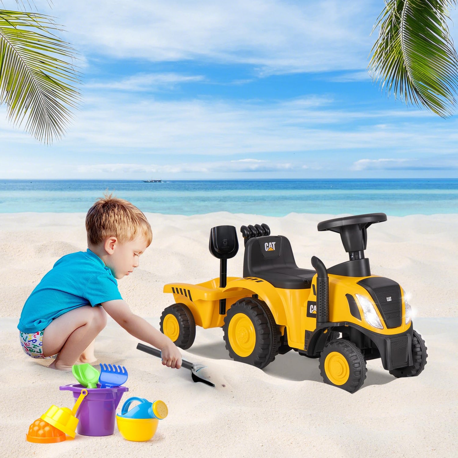 Licensed Caterpillar Ride on Tractor by OLAKIDS, 2 in 1 Ride on Push Car with Detachable Trailer