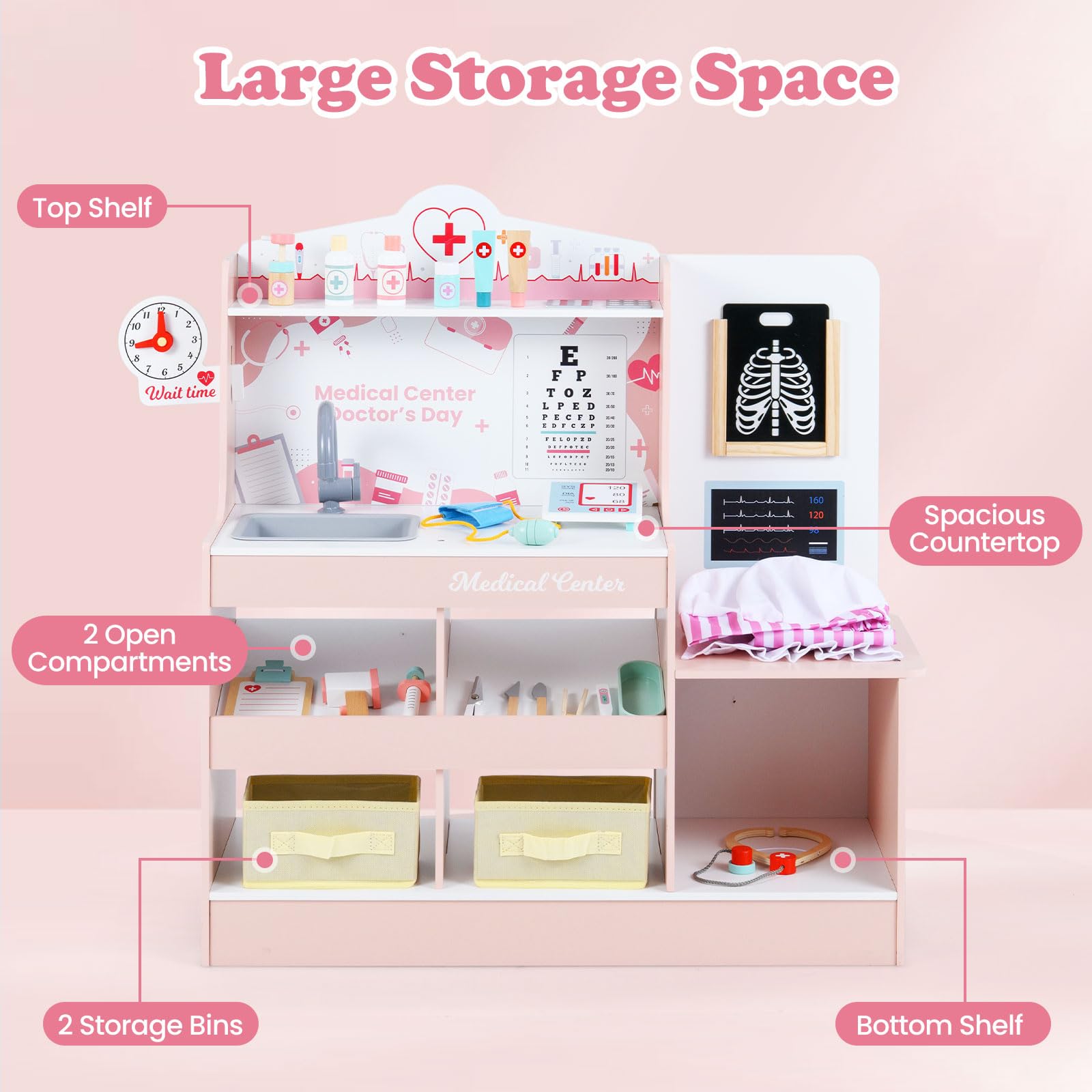 Kids Doctor Playset, Wooden Pretend Medical Station Activity Center Toy Set