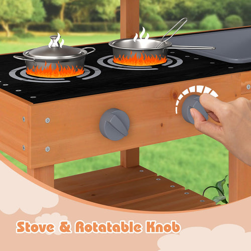 INFANS Mud Kitchen, Outdoor Play Kitchen with Awning Faucet Stoves Cooking Accessories
