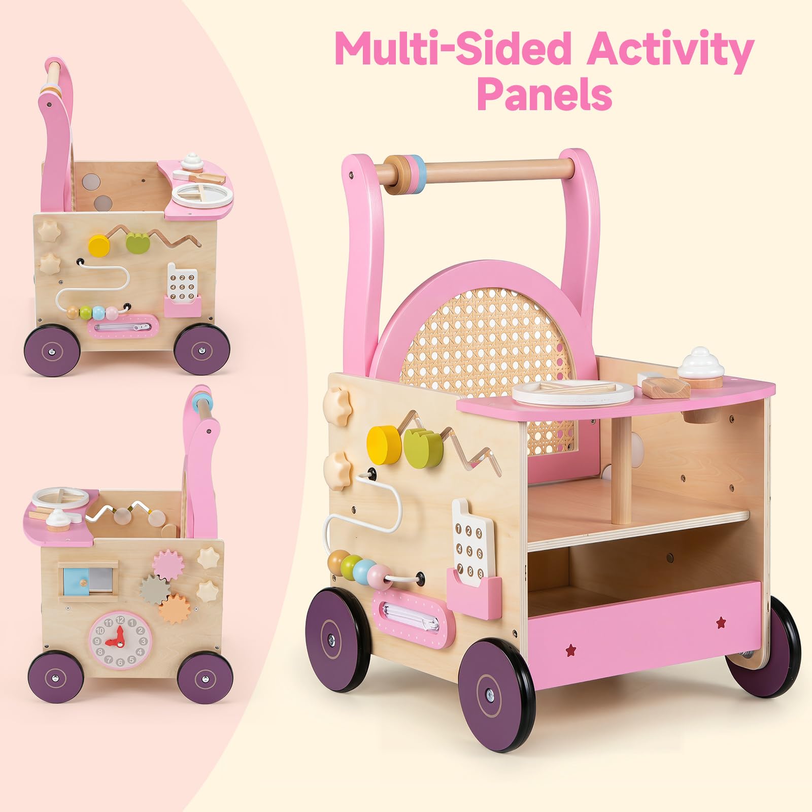 Wooden Baby Walker, Activity Center Push Walking Toy