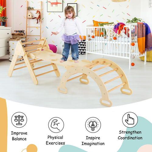 Pikler Triangle Set 7 in 1 Climbing Toys for Toddlers 1-3 Inside Foldable Wood Montessori Jungle Gym
