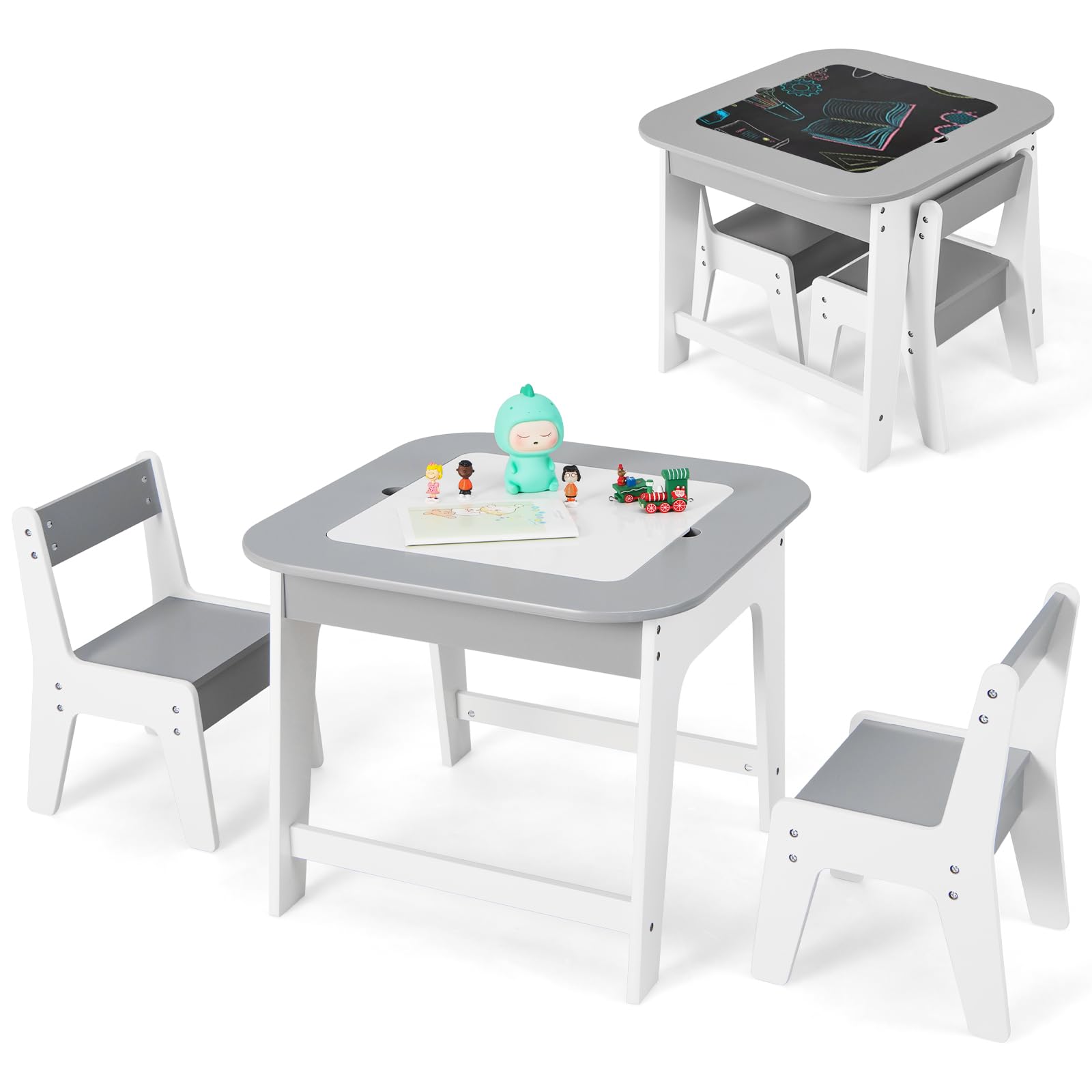 INFANS Kids Table and Chair Set, 3 in 1 Wooden Activity Table with Removable Blackboard and Whiteboard