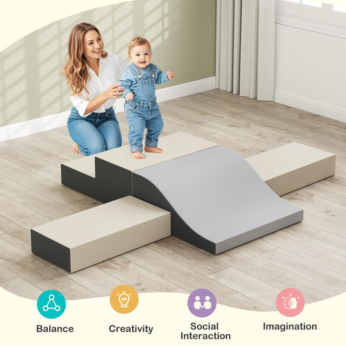 Toddler Climbing Toys Indoor, 10 Pieces Baby Foam Blocks Soft Play Set with PU Leather