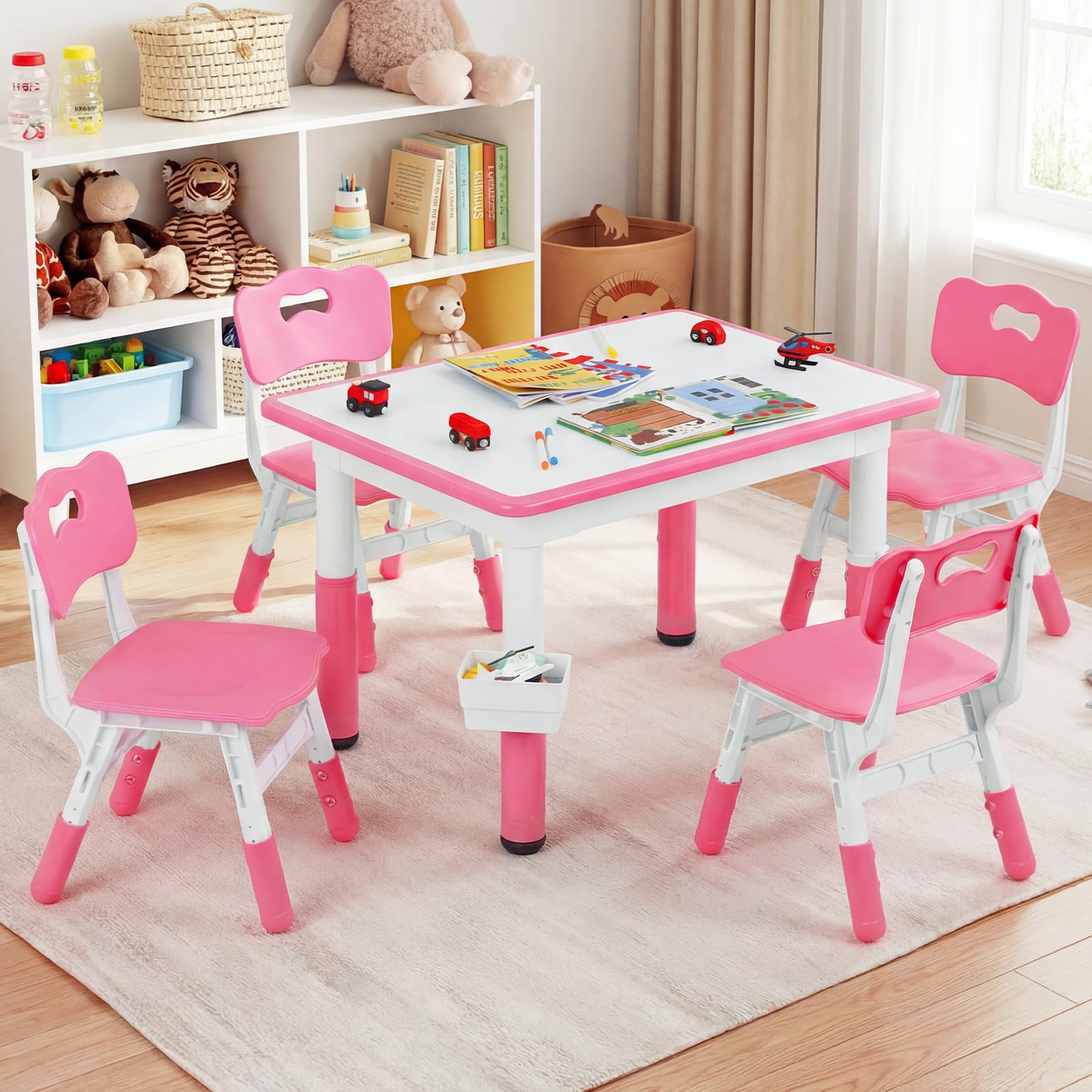 Kids Table and 4 Chairs Set, Height Adjustable Children Activity Desk with Graffiti Desktop 2 Storage Boxes