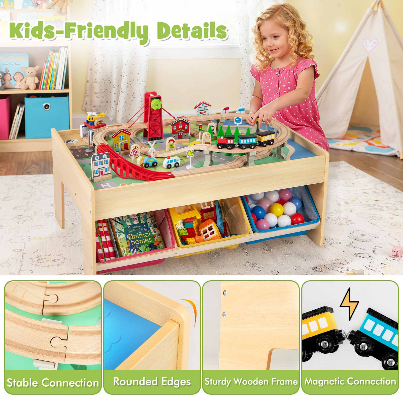 Train Table, 84 Pieces Wooden Kids Activity Toy Table Playset with Reversible Detachable Tabletop