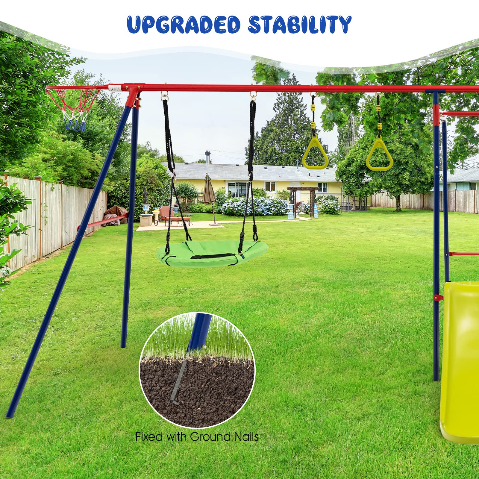 OLAKIDS 660lbs Swing Set, Outdoor A-Frame Heavy Duty Metal Swing Stand with Monkey Bar for Kids