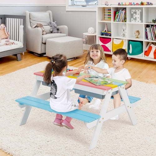 Kids Picnic Table, 3-in-1 Wooden Table & Bench Set w/Removable & Foldable Umbrella for Backyard, Garden